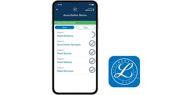 iphone with the littmann learning app on it next to the apps icon
