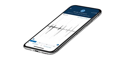 Close up image of a mobile phone with the littmann app
