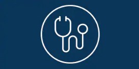White stethoscope icon on dark blue background
