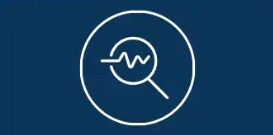 White magnifying glass icon on dark blue background
